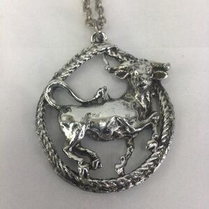 Taurus symbol zodiac Bull statement necklace silver tone 24" chain 2" pendant